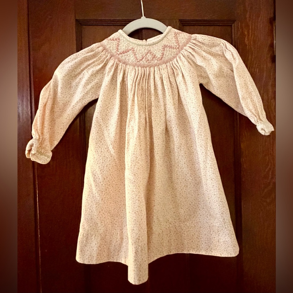 Cream Long-Sleeve Hand Smocked Bishop Dress